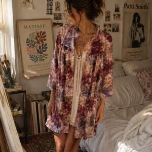 Vintage Watercolor Floral Lounge Robe Duster Pink Purple Boho Cottagecore